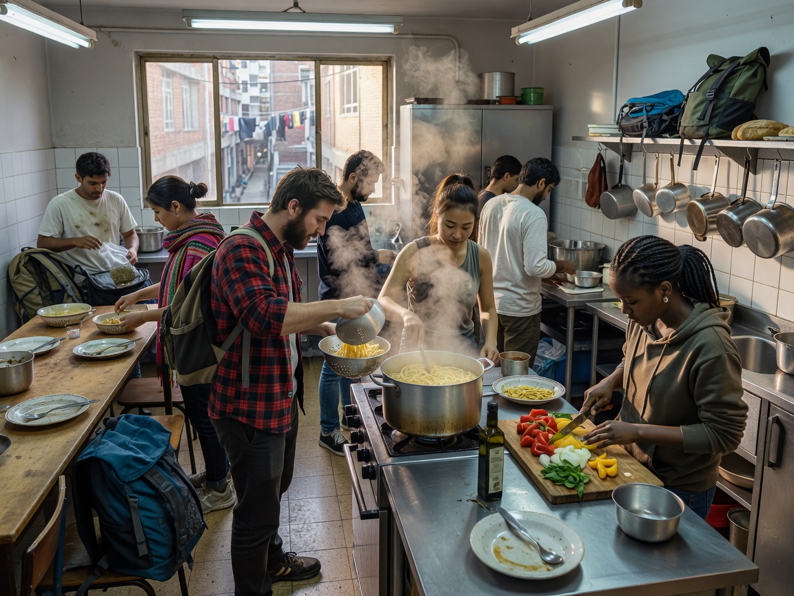 Backpackers cooking pasta in a communal hostel kitchen