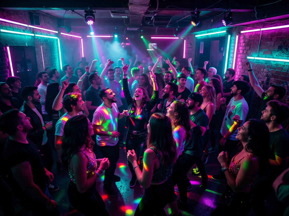 Crowd partying under neon lights in a European club