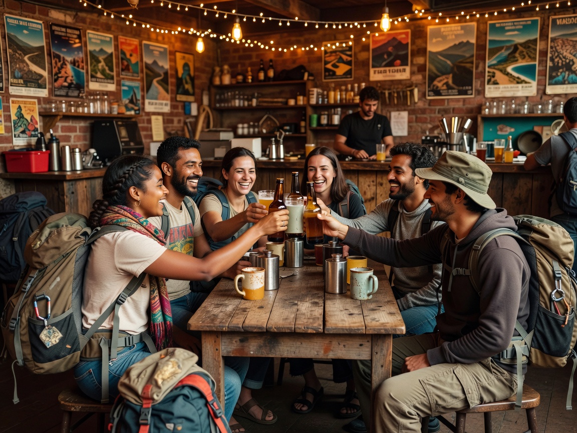 Group of backpackers toasting with drinks at hostel bar