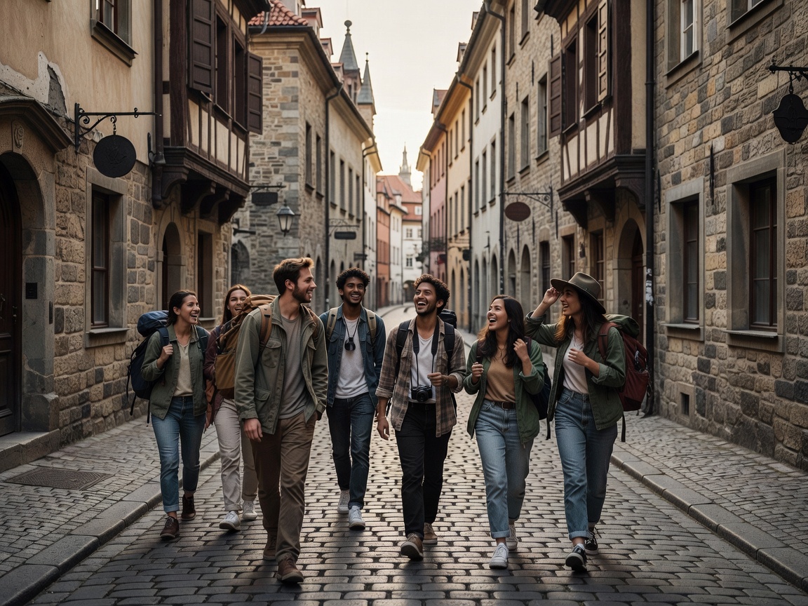 Group of young travelers walking together through historic European street