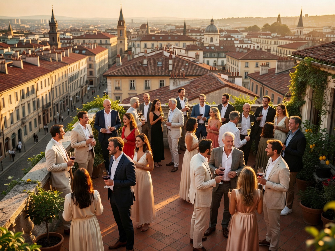 Rooftop terrace social gathering overlooking European city skyline