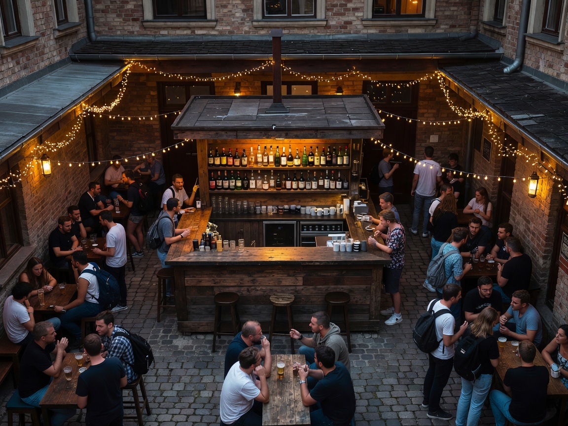 The Hive Party Hostel Budapest inner courtyard and bar