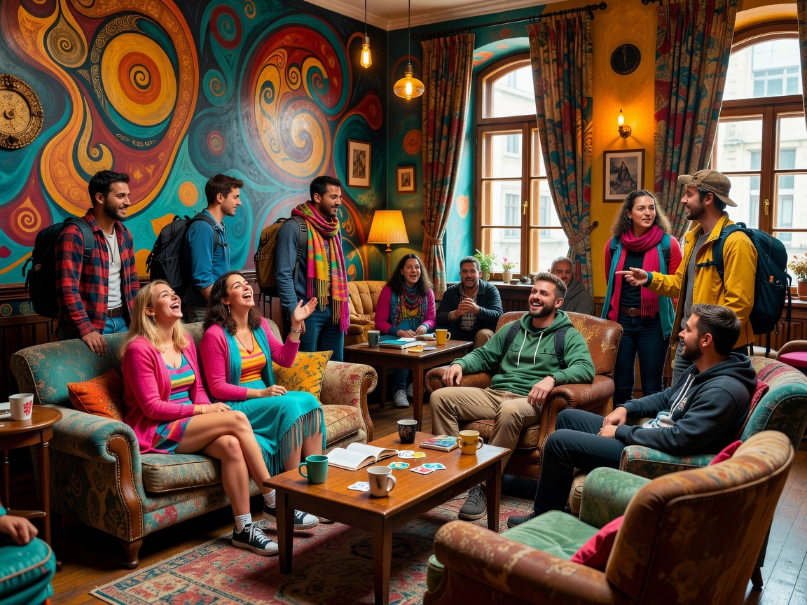 The MadHouse Prague travelers socializing in colorful lounge